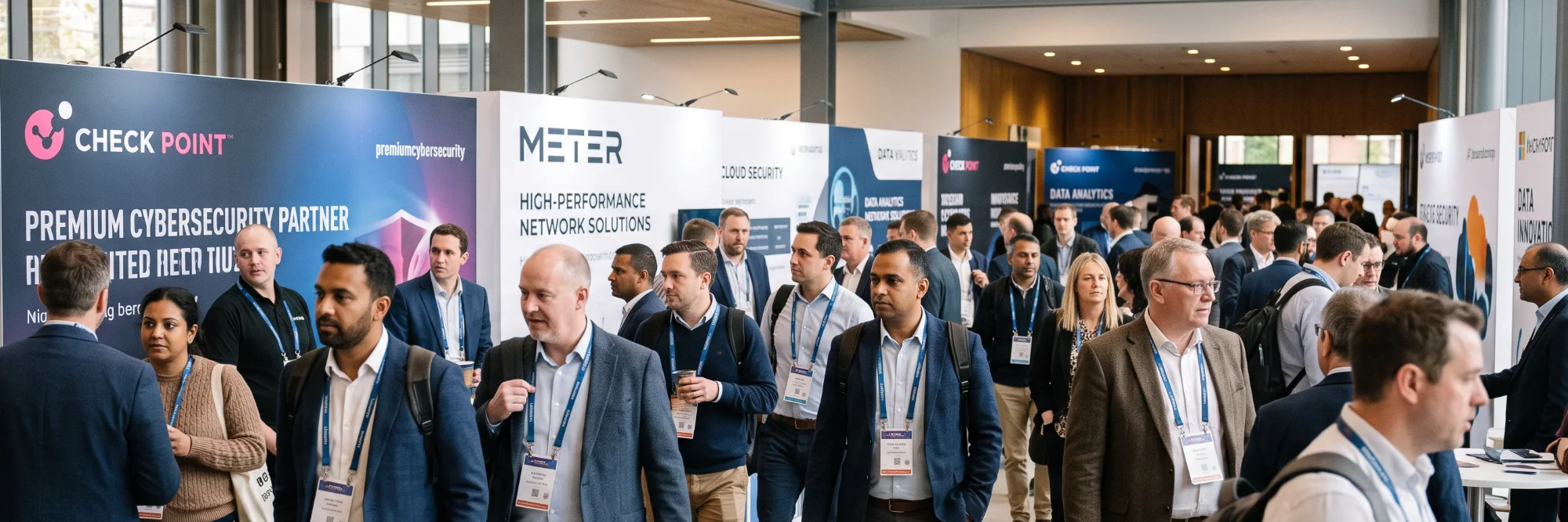 Bezoekers van een IT congres bij de stands van Check Point en Meter